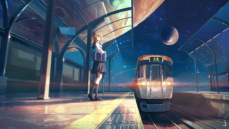 anime school girl, train station, school uniform, moon, scenery, Anime, HD wallpaper