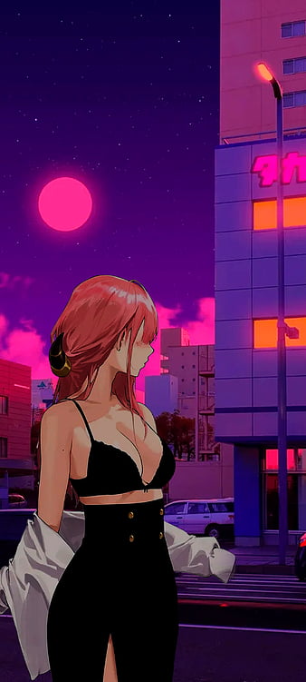Vaporwave anime girl, sky, magenta, pink, anime girl, sexy, android, iOS, iphone, samsung, dark, HD phone wallpaper