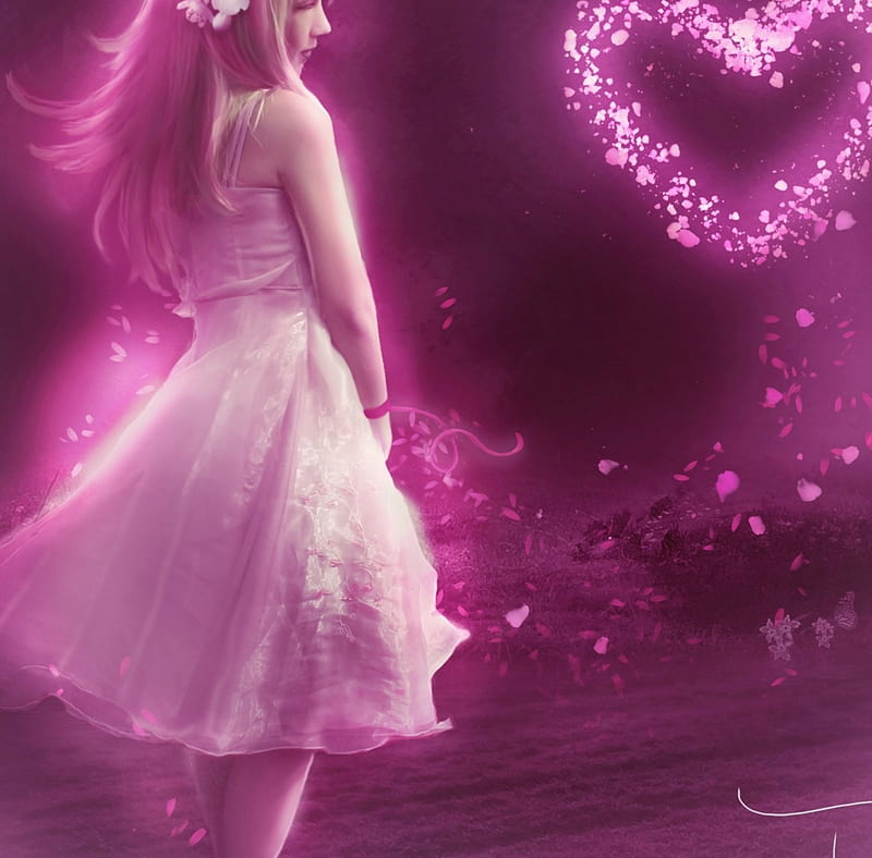 Giving Some Love, fantasy, lady, pink, love, HD wallpaper