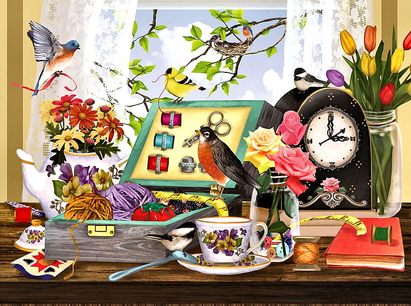 Sewing Kit and Teacup F, sewing, robin, bonito, illustration, artwork, bluebird, animal, chickadee, painting, wide screen, flowers, tulips, art, clock, roses, teacup, bird, avian, wildlife, goldfinch, HD wallpaper