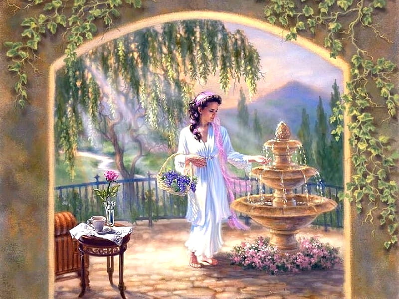 Tranquility Holidays, fountain, holidays, rose, love four seasons, attractions in dreams, woman, fantasy, paintings, arch, cup, flowers, garden, ivy, HD wallpaper