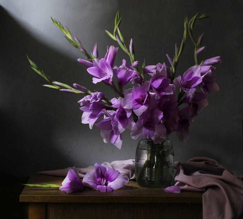 Purple gladiolus, Purple, Flowers, Vase, Bouquet, HD wallpaper