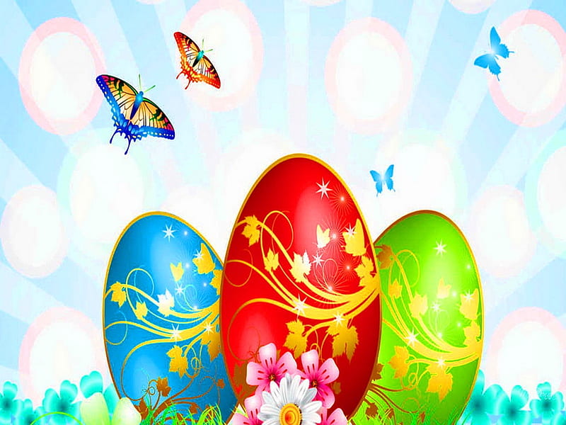 Easter greetings, eggs, Easter, butterflies, sky, HD wallpaper | Peakpx