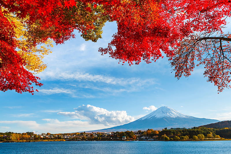 body of water #autumn the sky #leaves #clouds #snow #trees #lake #Japan #mountain #Fuji K # #. Landscape , Japan landscape, Scenery, Calm Autumn, HD wallpaper