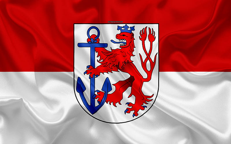 Flag of Dusseldorf silk texture, red white silk flag, coat of arms, German city, Dusseldorf, Germany, symbols, HD wallpaper