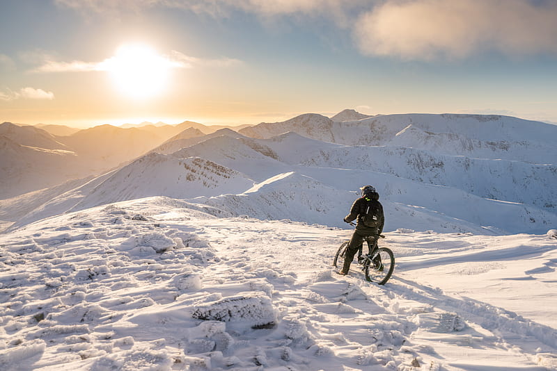 bike, cyclist, mountains, snow, winter, HD wallpaper