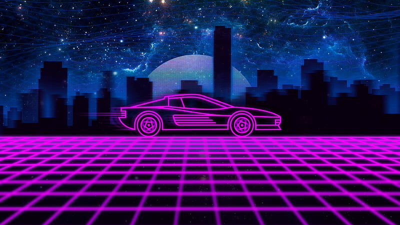Ferrari Testarossa With Retrowave In Background Of High Rising Buildings Shadow And Sky With Stars Vaporwave, HD wallpaper
