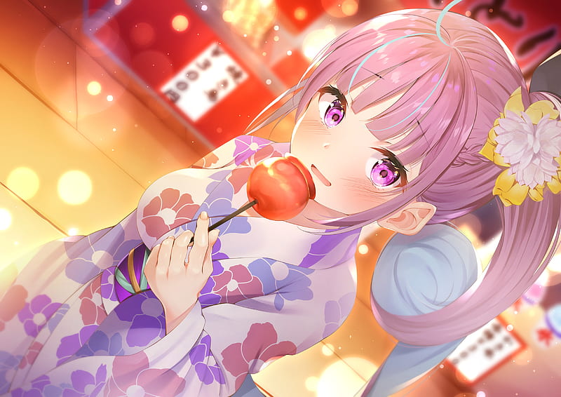 minato aqua, apple candy, hololive, purple hair, pretty, festival, yukata, Anime, HD wallpaper