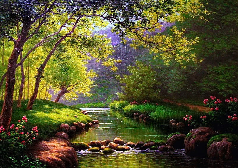 Calm forest river, pretty, glow, riverbank, shore, sun, sunny, bonito, nice, calm, stones, painting, flowers, river, reflection, forest, quiet, calmness, lovely, greenery, spring, trees, lake, tranquil, serenity, rays, summer, nature, lakeshore, HD wallpaper