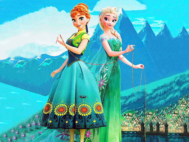 Frozen Fever (2015), poster, dress, anna, movie, elsa, fantasy, green, frozen fever, girl, snow queen, summer, sister, princess, disney, couple, blue, HD wallpaper