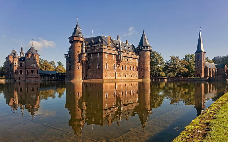 old castle, lake, old buildings, De Haar Castle, Utrecht, Netherlands, Holland, HD wallpaper