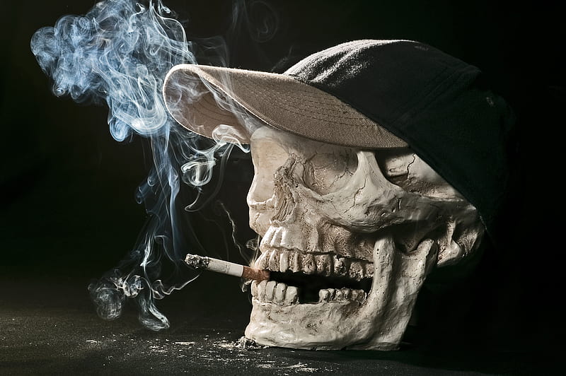 Smoking Skull, black, smoking, skull, cap, HD wallpaper