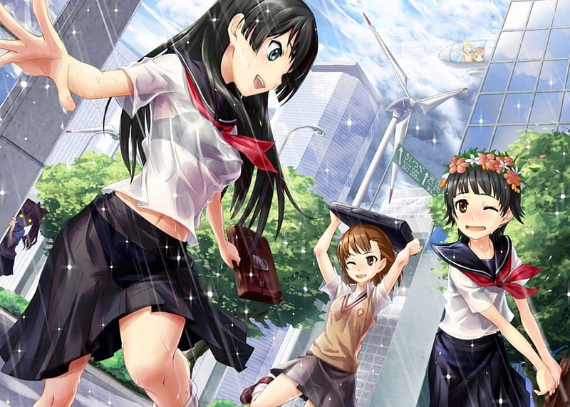 Fun in the Rain, Anime Friends, rain, Anime, School Uniforms, Sun and Rain, Friends, Soaked, Having Fun, Seifuku, Anime Girls, Big Eyes, School Girls, HD wallpaper