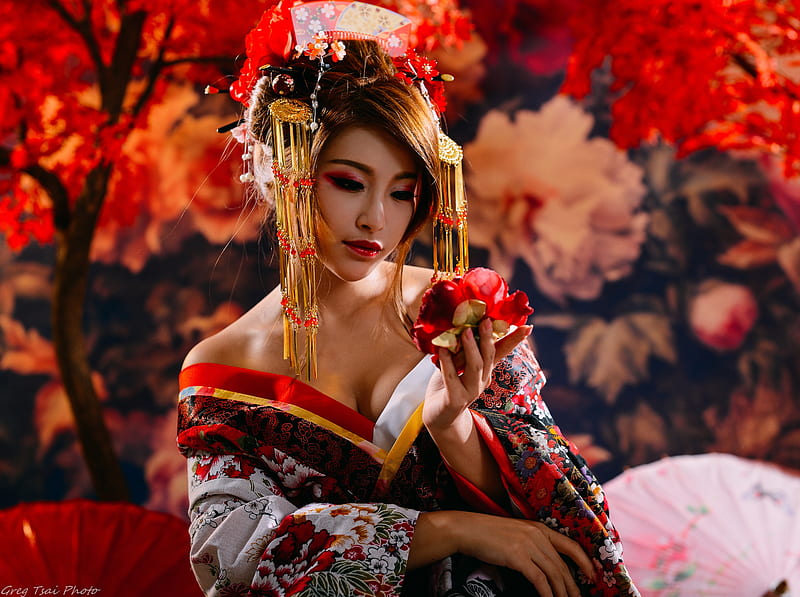 Beautiful Traditional Japanese Woman Ultra, Girls, Girl, Autumn, Woman, japan, Female, Model, Tradition, Umbrella, lillian, OilPaperUmbrella, oiran, HD wallpaper