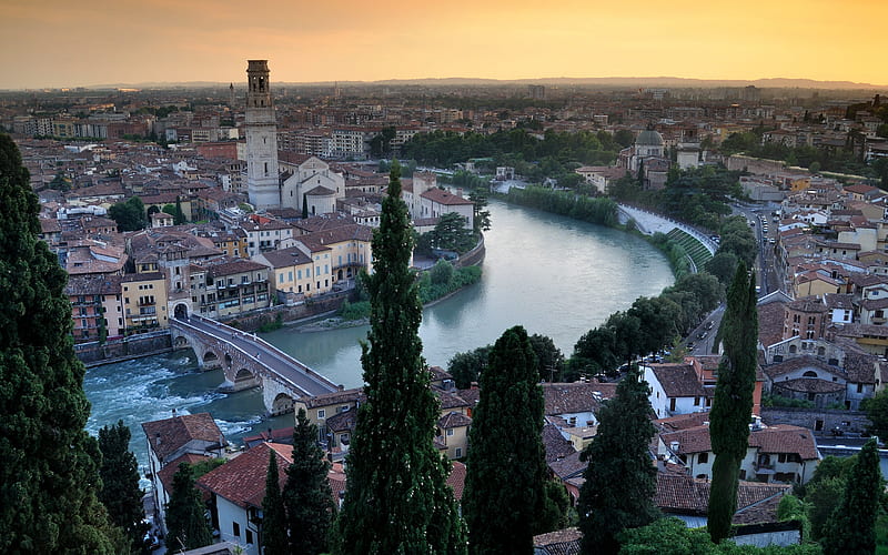 Verona, The Roman Ponte Pietra, Roman arch bridge, Castel San Pietro, evening, sunset, cityscape, Verona panorama, Veneto, Italy, HD wallpaper