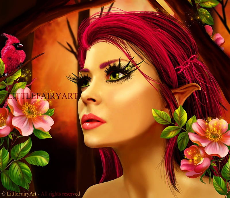 ✰Gorgeous Elfbird✰, pretty, redhead, angels, women, sweet, fantasy, splendor, flowers, face, pollen, lovely, models, lips, cute, Elf, eyes, cardinal, red, colorful, manipulation, bonito, digital art, hair, leaves, people, girls, gorgeous, animals, female, fantastic, colors, lashes, leaf, bird, petals, HD wallpaper