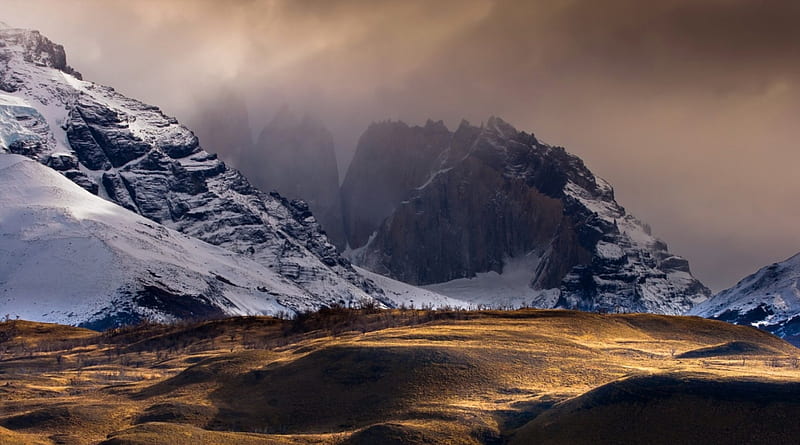 golden hour, snow, mountains, golden, foothills, fog, HD wallpaper
