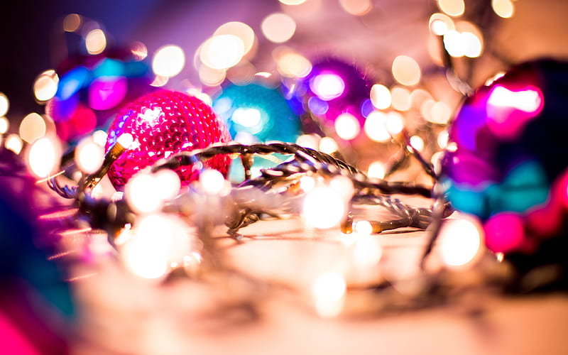 purple christmas balls, glare, bokeh, purple tinsel, christmas lanterns, Happy New Year, christmas decorations, xmas balls, blue christmas backgrounds, new year concepts, Merry Christmas, HD wallpaper