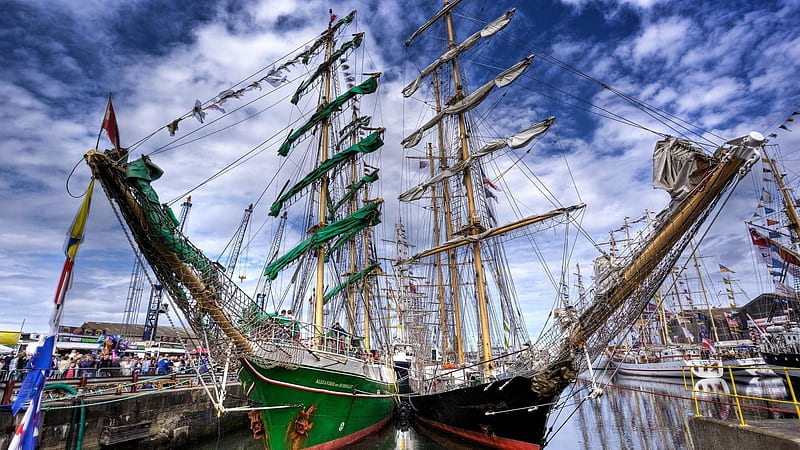 Mighty Sail Ships, ships, dock, masts, sails, clippers, HD wallpaper