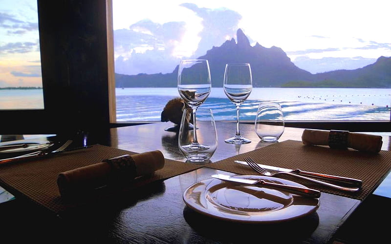 Dinner Bora Bora, polynesia, dinner, dusk, sunset, eat, sea, beach, lagoon, bora bora, two, evening, blue, table, islands, food, ocean, paradise, island, tahiti, tropical, HD wallpaper