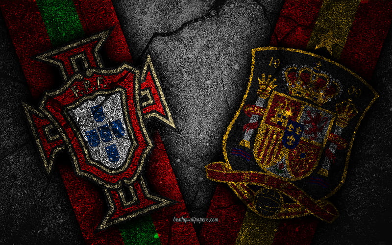 Portugal vs Spain FIFA World Cup 2018, Group B, logo, Russia 2018, Soccer World Cup, Spain football team, Portugal football team, black stone, asphalt texture, HD wallpaper