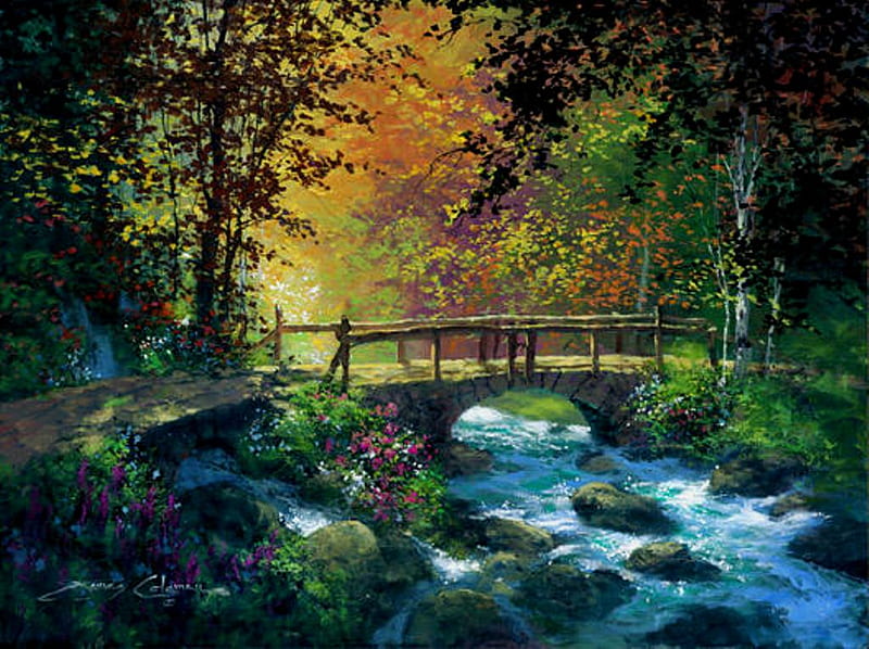 Bridge over the river, art, tree, bridge, painting, nature, river, HD wallpaper