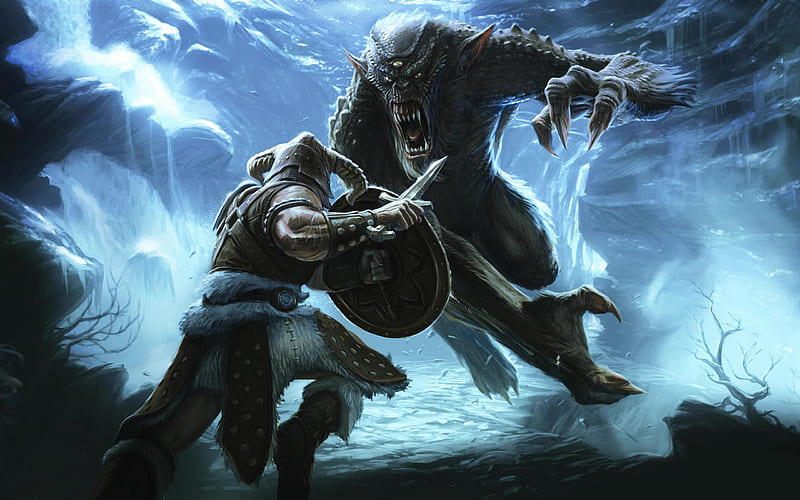 The Elder Scrolls 5: Skyrim, enemy action, cg, video game, game, the elder scrolls 5, fantasy, the elder scrolls 5- skyrim, skyrim, sword, guerra, adventure, warrior, fight, monster, wolf, gaint, HD wallpaper