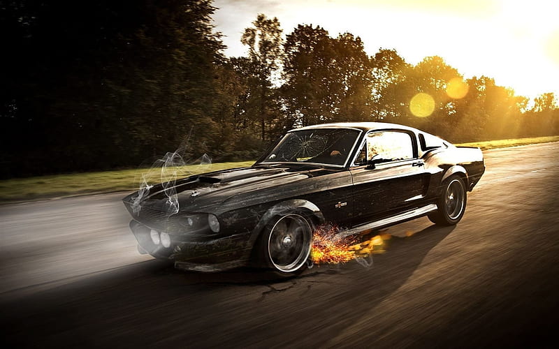 Ford Mustang GT500 Eleanor, road, movement, retro cars, fire, Ford, HD wallpaper