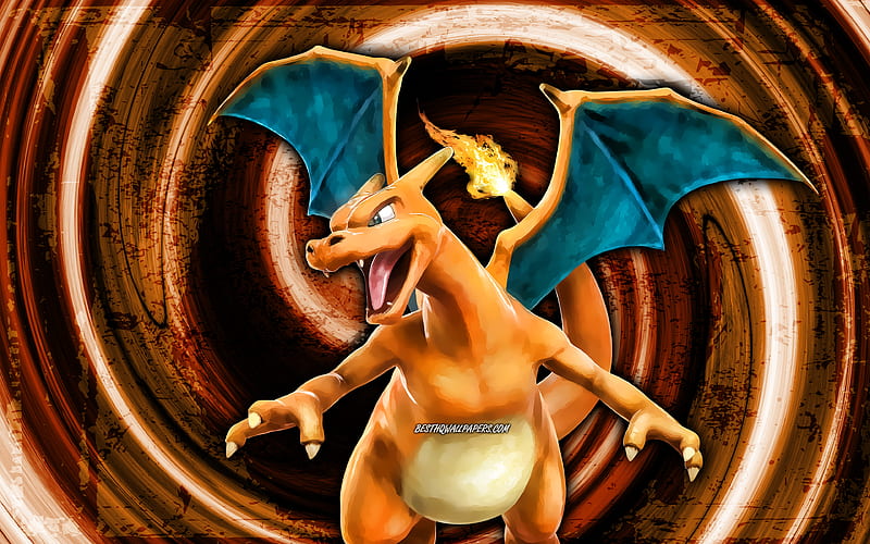 Charizard, orange grunge background, Pokemon Detective Pikachu, cartoon dragon, vortex, Charizard, HD wallpaper