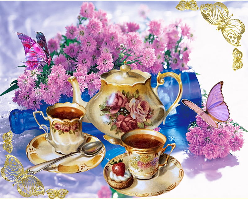 Tea Time, romantic, tea, pink, cups, HD wallpaper