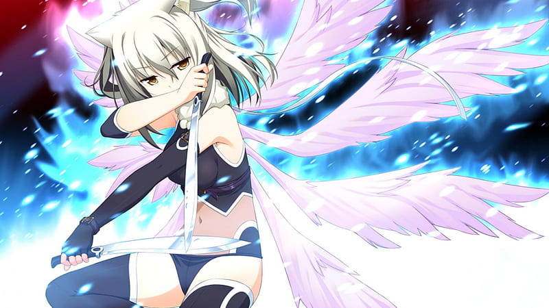 Beauty Angel Miko, Beauty Younger Sister New, Anime, Sword, Silver Hair, Old Sister, Endless Dungeon, Younger Sister, Beauty, Game, Angel, Blue eyes, RoseBleu, Warrior, HD wallpaper