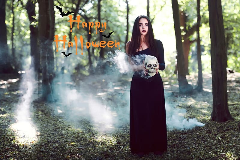 Happy Halloween from your neighbourhood Witch, model, witch, brunette, halloween, skull, forest, HD wallpaper