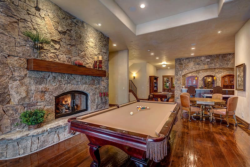 Table, Room, Fireplace, Bar, Snooker, , Pot Plant, Pool Table, HD wallpaper