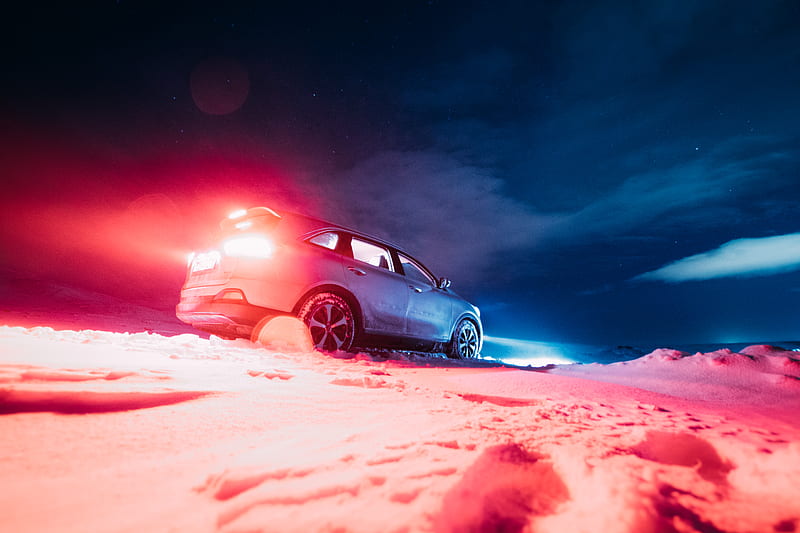 car, night, snow, starry sky, HD wallpaper