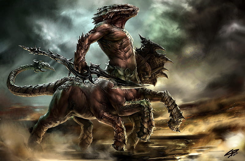 mythical beast, clouds, four legs, spear, shield, HD wallpaper