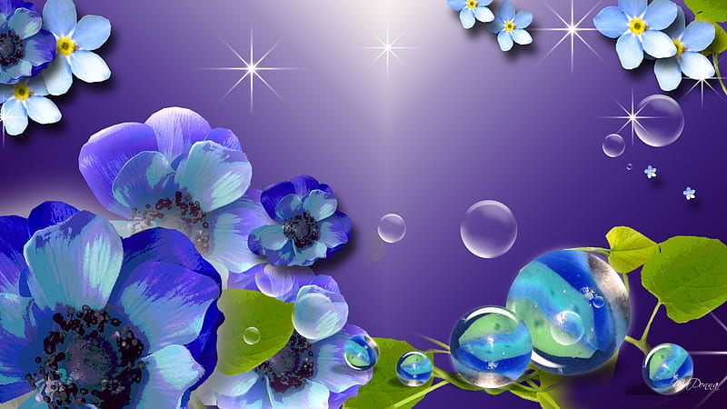 Blue Flowers and Bubbles, leaves, purple, balls, bubbles, flowers, shine, firefox persona, blue, HD wallpaper