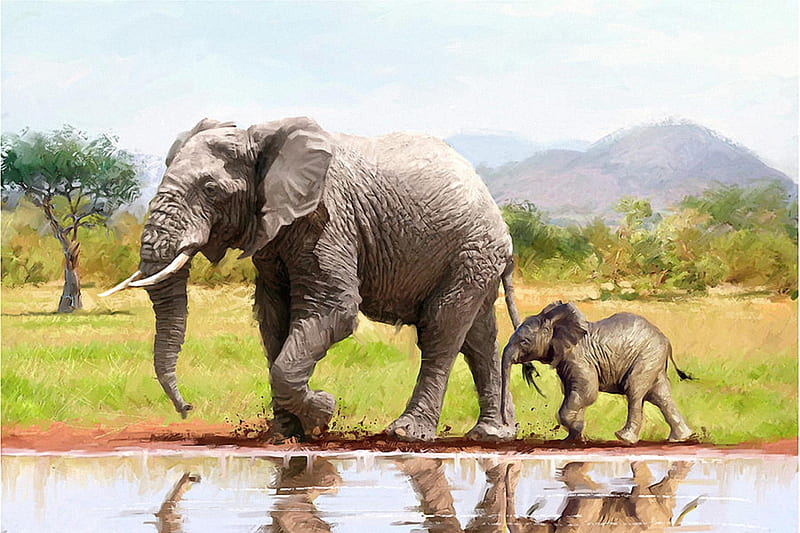 Walking Elephants, painting, elephants, water, animal, HD wallpaper
