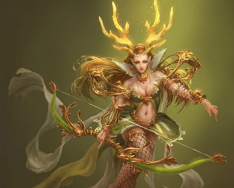 Goddess of hunting, fantasy, hitch mao, luminos, green, girl, yellow, diana, HD wallpaper