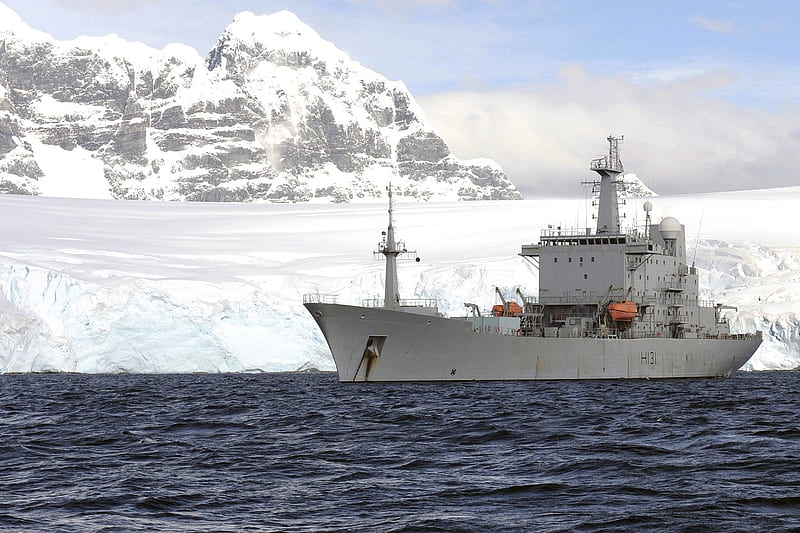 WORLD OF WARSHIPS HMS Scott Survey and Ice Patrol Ship, large land mass behind, orange coloured life boats, Falklands, ice patrol, HD wallpaper