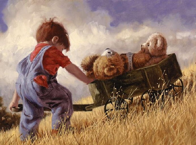 uphill, teddybear, boy, wagon, grass, clouds, sky, hill, childhood, HD wallpaper