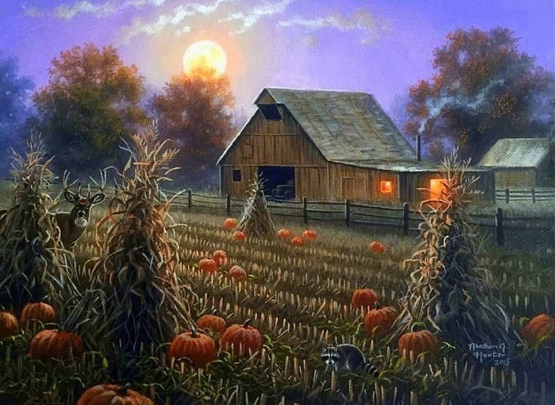 Harvest Moonlight, moons, fall season, autumn, harvest, love four seasons, farms, attractions in dreams, sky, paintings, moonlight, nature, pumpkins, HD wallpaper
