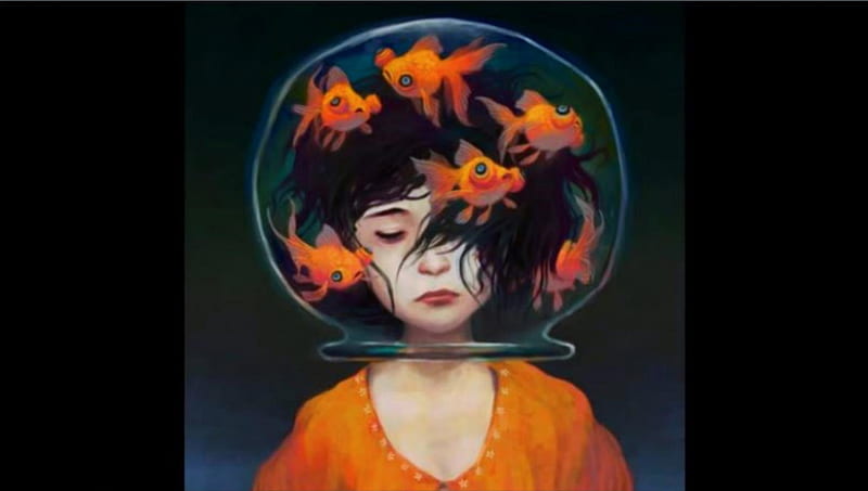 Life in the Fishbowl, Goldfish, Black, Orange, Girl, Fishbowl, HD wallpaper