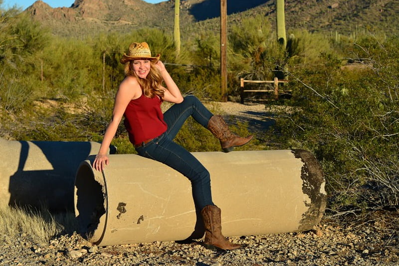 Concrete Bench, boots, jeans, cowgirl, pipe, HD wallpaper