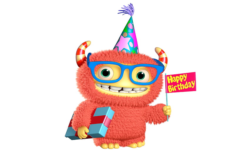 Happy Birtay!, orange, glasses, gift, birtay, hat, card, cute, party, monster, funny, creature, HD wallpaper