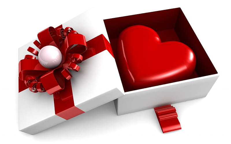 Happy Valentines Day, 3d gift box, 3d red heart, red 3d bow, love concepts, HD wallpaper
