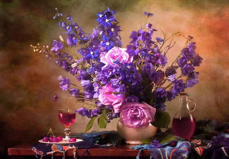 Still life, special, graphy, abstarct, arrangement, flowers, drink, beauty, pink, wine, different, colors, soft, roses, shades, purple, dark blue, HD wallpaper