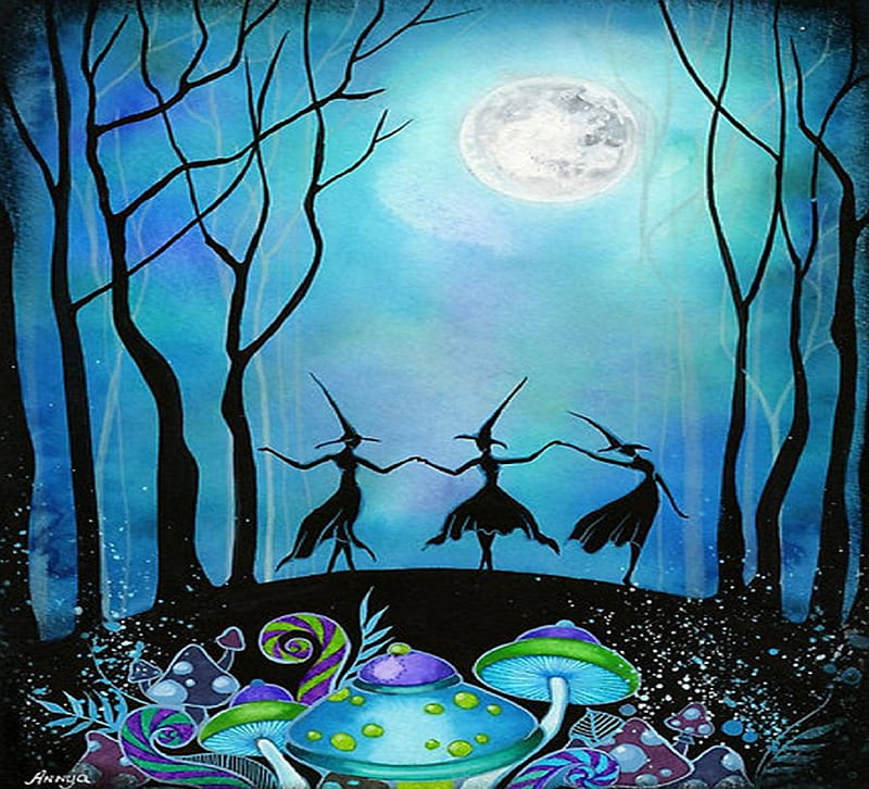 Witches Three, mushrooms, moon, trees, witches, HD wallpaper
