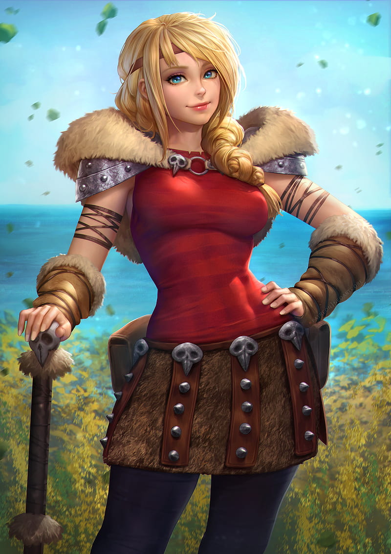 How to Train Your Dragon, fantasy girl, blonde, headband, blue eyes, smiling, Vikings, Dreamworks, movies, portrait display, vertical, armor, depth of field, artwork, drawing, digital art, illustration, fan art, NeoArtCorE (artist), frontal view, women, Astrid Hofferson, HD phone wallpaper