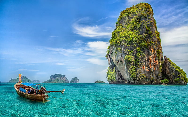 tropical island, summer travel, Thailand, boat, tourism, blue lagoon, HD wallpaper