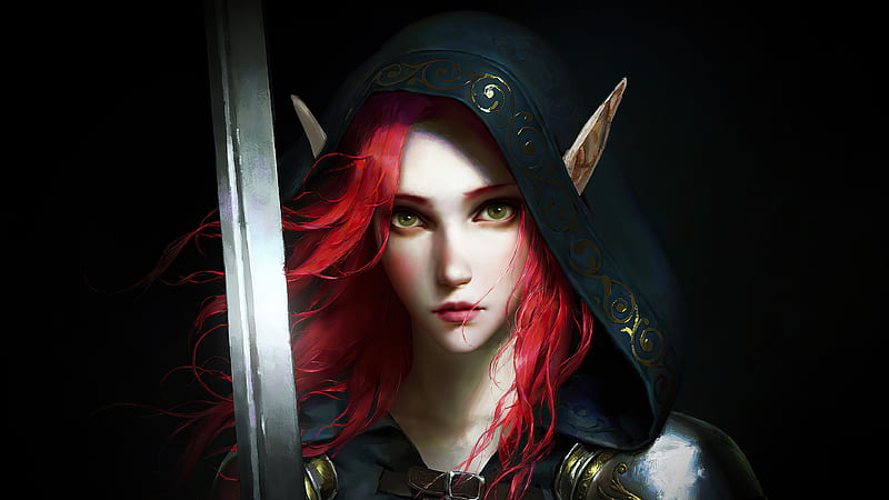 Fantasy, Elf, Girl, Hood, Pointed Ears, Red Hair, Sword, Woman Warrior, HD wallpaper